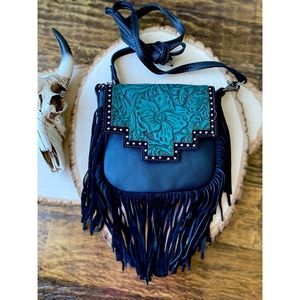 Western Leather Crossbody Fringe Tooled purse bag